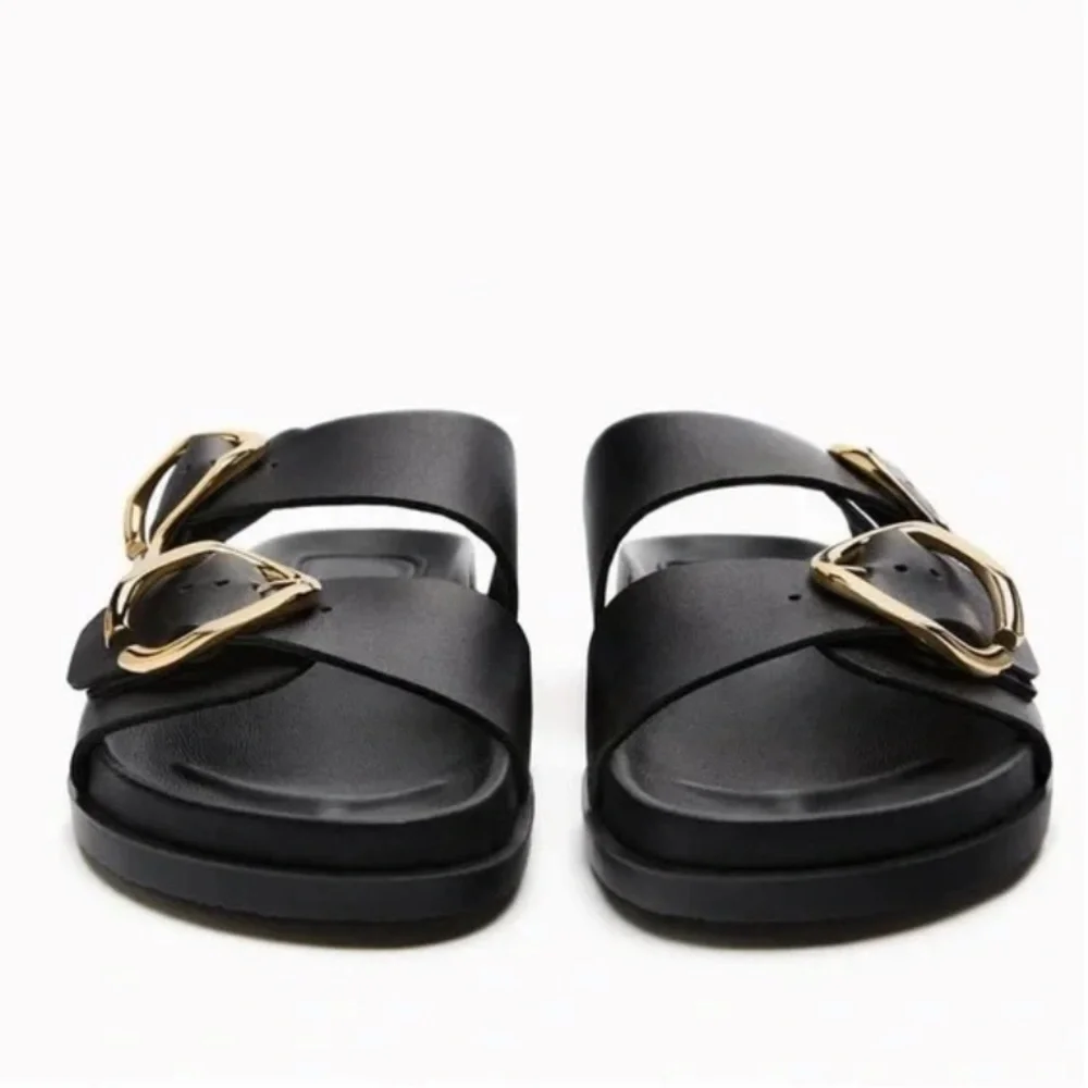 Zara Buckled Flat Leather Black Sandals Woman’s Size 9 - Picture 8 of 10